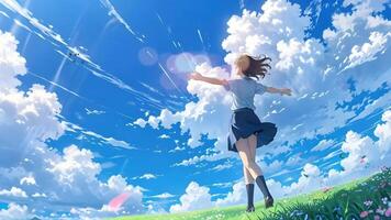 A person in a school uniform joyfully runs through a vibrant grass field under a bright blue sky with dynamic clouds and light rays. The scene is lively and full of energy. video
