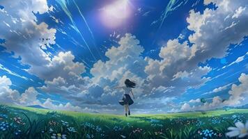 A person in a school uniform joyfully runs through a vibrant grass field under a bright blue sky with dynamic clouds and light rays. The scene is lively and full of energy. video