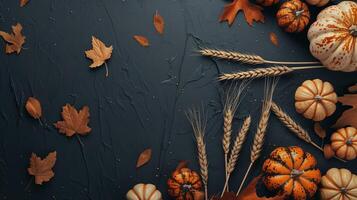 Thanksgiving, autumn composition with pumpkins, leaves and wheat top view photo
