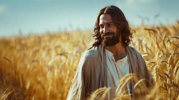 Jesus Christ is walking in a field with wheat photo