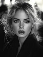 Close up photograph of a blonde female model, fashion editorial photo