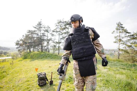 A man in a military uniform and bulletproof vest works in the forest with a metal detector. A minesweeper performs work on demining the territory photo