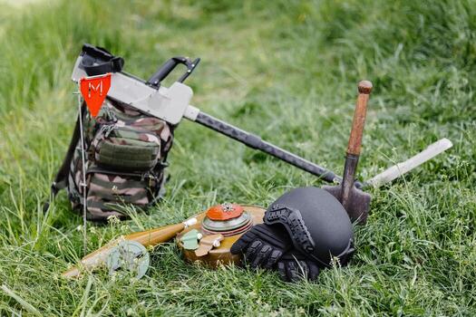 Explosive devices and a metal detector lie on the background of a forest massif. Equipment for demining the territory photo