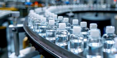 Beauty Product Assembly Line in Factory, Neatly Arranged Bottles, AI Created photo