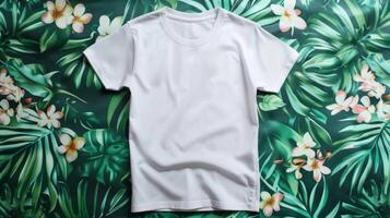 Designer-friendly white T-shirt template presented on vibrant green floral background. AI Created photo