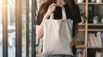 Woman Holding Tote Bag Canvas, Blank Template Mockup, AI Created photo