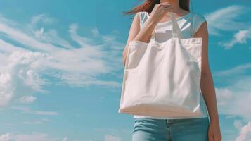 Woman Holding Tote Bag Canvas, Blank Template Mockup, AI Created photo