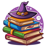 The Enchanted Stack Stack of Witch Books And Witch Hat Cartoon Concept png