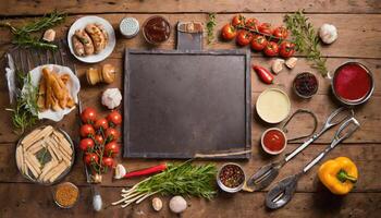 Barbecue menu. Grilled meat and vegetables on rustic wooden table photo