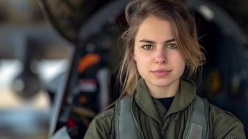 Portrait Of A Female Pilot In Military Uniform Inside Aircraft Hangar Displaying Confidence Strength And Determination Wearing Flight Suit Aviation Career Professional Women In Aviation History photo