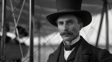 Old Airplane on background, Photo of Vintage Portrait of a Distinguished Man with Mustache, Top Hat in Monochrome, Historical Essence, Dignity, Suitable Period, Classical Style, Historical Exhibitions
