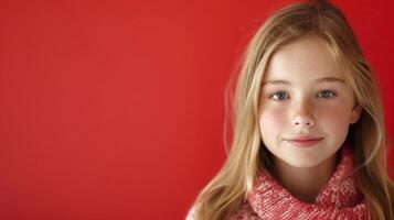 Young Blonde Girl with Freckles in Red Sweater Against Red Background, Celebrating Winter and Holiday Season, Captivating Portrait Style, Highlighting Warmth, Coziness, and Joyful Expression photo