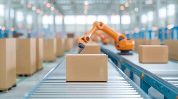 Automated Robot Arm in Modern Warehouse Moving Cardboard Boxes on Conveyor Belt for Efficient Packaging and Distribution Process photo