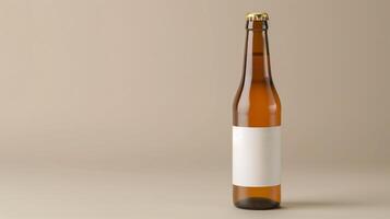 Minimalistic Brown Beer Bottle with Blank White Label Standing on Neutral Background for Branding and Mockup Design photo