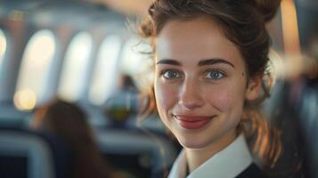 Woman Smiling Mid-Flight on Airplane, Natural Lighting, Relaxed Atmosphere, In-Flight Experience, Travel, Comfort, Portrait, Close-Up, Happy Traveler, Ambient Light, Casual Attire, Flight Attendant photo