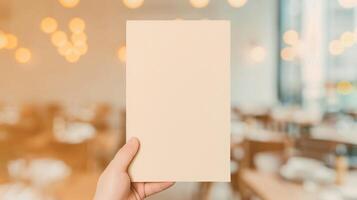 Hand Holding Blank Menu in Modern Cafe with Warm Bokeh Lighting, Perfect for Restaurant Marketing, Design Mockups, Advertisements photo