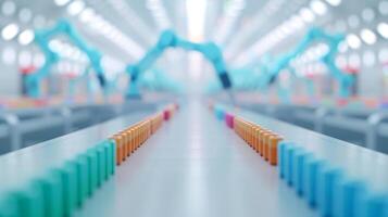 Futuristic Automated Manufacturing Robotic Assembly Line Colorful Parts on Production Conveyor Belt Advanced Industrial Technology High Tech Factory Precision Engineering Modern Automation photo