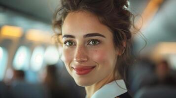 Professional Female Flight Attendant With Freckles On Airplane, Natural Light, Close-Up Portrait, Travel Industry, Warm Tones, Professional Uniform, Mid-Flight, Positive Emotion, Blurred Background photo