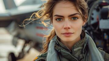 Female Pilot Standing Near Military Fighter Jet With Intense Gaze And Wind-Swept Hair On Airbase In Professional Aviator Uniform photo