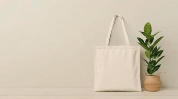 Minimalist Beige Tote Bag Hanging Next to Potted Indoor Plant on Wooden Surface with Neutral Backdrop, Eco-Friendly Reusable Cloth Shopping Bag in Modern Home Decor Setting photo