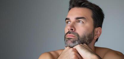Contemplative Bearded Man Reflecting Indoors Against Neutral Background - Close-Up Thoughtful Expression photo