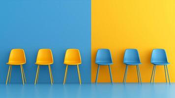 Modern Minimalistic Design with Blue and Yellow Chairs on Vibrant Colored Background, Versatile Seating Arrangement for Contemporary Decor, Suitable for Office, Home, or Event Spaces, 8k Wallpaper. photo