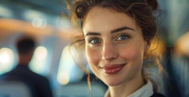 Woman Smiling Inside Airplane Cabin Focused on Passenger Seat with Airplane Interior Background Business Casual Relaxed Travel Vibes, Professional Female Flight Attendant photo