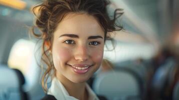 Professional Flight Attendant Woman Smiling Inside Airplane Cabin, Casual Hair, Modern Travel, Passenger Seating, Natural Light, Happy Journey, In-Flight Environment, Close-Up Portrait photo
