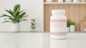 Minimalist White-Pink Labeled Bottle On Clean Countertop With Potted Plants And Wooden Shelves In Modern Kitchen Setting, Soft Natural Light, Indoor Still Life, Focus On Object, Neutral Colors photo