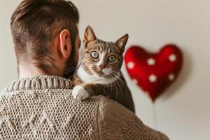 Cat, Valentine's Day Love Young Man and Tabby Cat With Red Heart Balloon in Cozy Sweater Embracing Warmth and Affection. photo