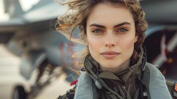 Captivating Portrait of Confident Female Pilot With Wind-Swept Hair and Military Jet in Background, Emphasizing Strength and Determination in Aviation, Outdoors, Daylight photo