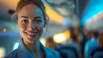 Female Flight Attendant Smiling Inside Airplane Cabin with Blurred Passengers in Background During Daytime, Featuring Air Travel Service, Hospitality, and Customer Service in Modern Aviation Scene photo