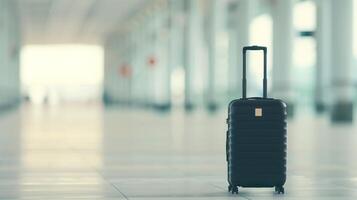 Stylish Black Suitcase In An Empty Airport Terminal Hallway With Blurred Background, Suggesting Travel And Adventure During Holiday Season photo