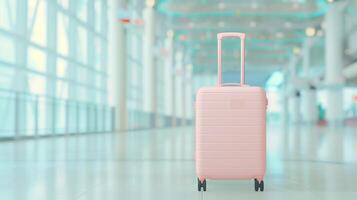 Lightweight Pink Suitcase in Modern Airport Terminal With Sunlight and Blurred Background for Travel, Transportation, Vacation. photo