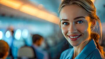 Professional Smiling Flight Attendant in Modern Airplane Cabin with Passengers, Warm Lighting, Friendly Service, Air Travel Concept, Blue Uniform, Focus on Happy Female Crew Member in Foreground photo