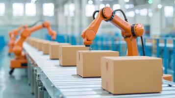 Automated Robotic Arms on Conveyor Belt in Modern Warehouse Sorting and Packaging Cardboard Boxes for Efficient Logistic Operations photo