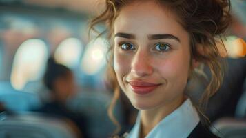 Confident Smiling Young Flight Attendant in Airplane Cabin with Blurred Passengers and Airline Interior Background, Warm Cozy Light photo