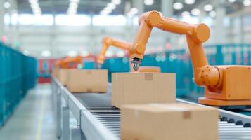 Factory Automation with Robotic Arms Handling Cardboard Boxes on Conveyor Belt in Modern Warehouse, High-Tech Manufacturing, Industrial Robotics in Logistics, Smart Technology in Warehousing photo