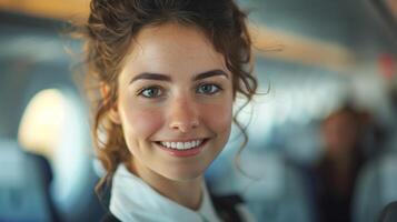 Flight Attendant Woman Curly Hair in Airplane Cabin, Bright Natural Light, Freckles, Casual Attire, Travel, Journey, Optimistic Expression, In-Flight Experience, Modern Transportation, Happy Passenger photo
