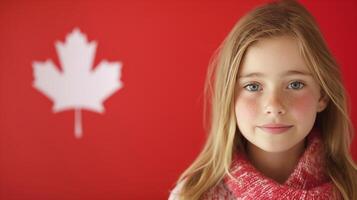 Portrait of a Young Girl with Freckles in Red Scarf Against Canadian Flag Background. Canada Day Concept. photo
