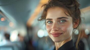 Businesswoman Smiling Inside Airplane Cabin, Natural Light Highlights, Soft Background Blur, Candid Travel Photography, Warm Ambiance, Mid-Flight Experience, Real-Life Moment photo