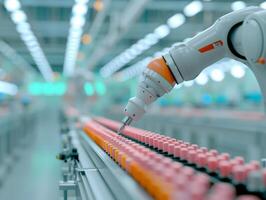 Advanced Robotics in Modern Manufacturing Automated Robotic Arm Assembling Conveyor Belt in High-Tech Industrial Setting photo