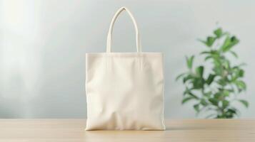 Eco-Friendly White Canvas Tote Bag on Wooden Table Against Blurred Indoor Plant Background with Ambient Natural Light for Sustainable Shopping or Promotional Use photo