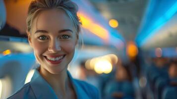 Smiling Flight Attendant in Airplane Cabin with Colorful Lighting, Engaging Crew Member in Aircraft, Customer Service, Air Travel, Passenger Interaction, Positive Atmosphere, Blurred Background photo