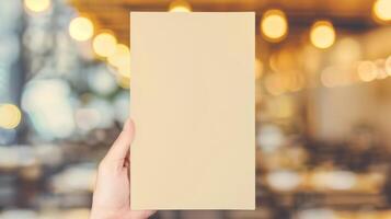 Person Holding Blank Sign Board with Blurred Restaurant Background for Mockups and Social Media Presentations, Bright Light Bokeh, Yellow Tones, Marketing Templates, and Advertising Designs photo