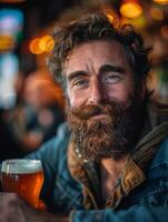 Warm Bearded Man Enjoys Craft Beer in Cozy Rustic Pub with Ambient Lighting and Warm Tones, International Beer Day Celebration. photo