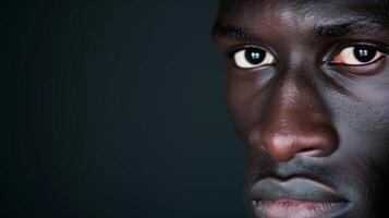 Portrait of A Man with Dark Skin, Intense Gaze, Side Profile, Studio Lighting Against Dark Background, Focus on Eyes and Facial Features, Expressive Emotions, Textured Skin Detail, High-Contrast photo