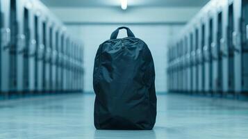 Black Backpack in Modern Locker Room with Symmetrical Rows of Grey Lockers and Blue Lighting, Minimalist Design Reflecting Urban Lifestyle, Travel and Daily Commute Essentials, Strong School Symbolism photo