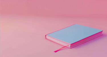 Pastel Pink Background with Blue Hardcover Book and Bookmark, Minimalistic Vibrant Color Design, Trendy Pink Aesthetic, Study Concept, Flat Lay Composition, Modern Stationery Stock Image photo