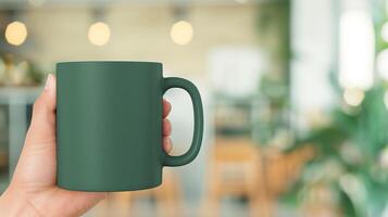 Person Holding Green Mug in Modern Cozy Coffee Shop Environment with Warm Lighting and Soft Focus Background photo